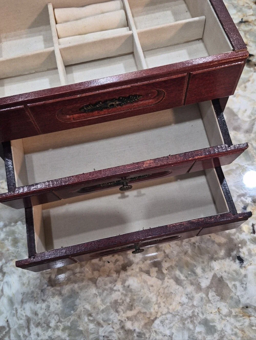 Vintage Wooden Jewelry Box With Floral Stained Glass & Drawers Cottagecore